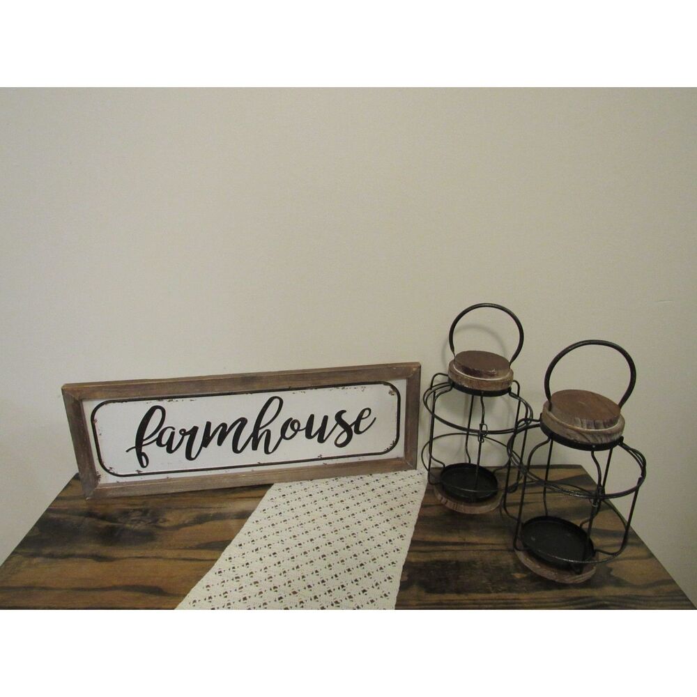 3-Piece Modern Farmhouse Decor Set - "Farmhouse" Sign & Pair of Wire Lanterns